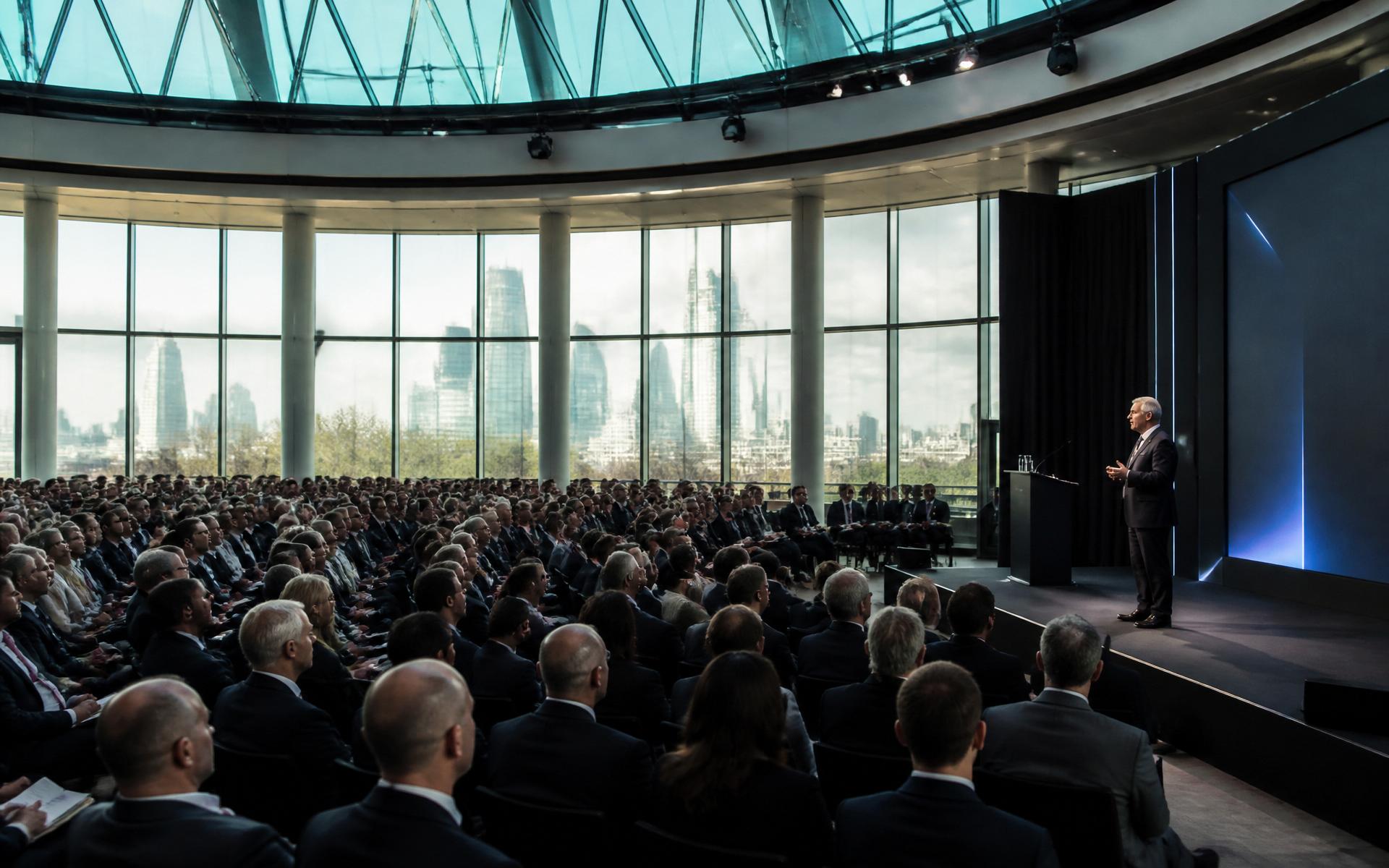 Executives seated in a modern London auditorium listening to a keynote speaker